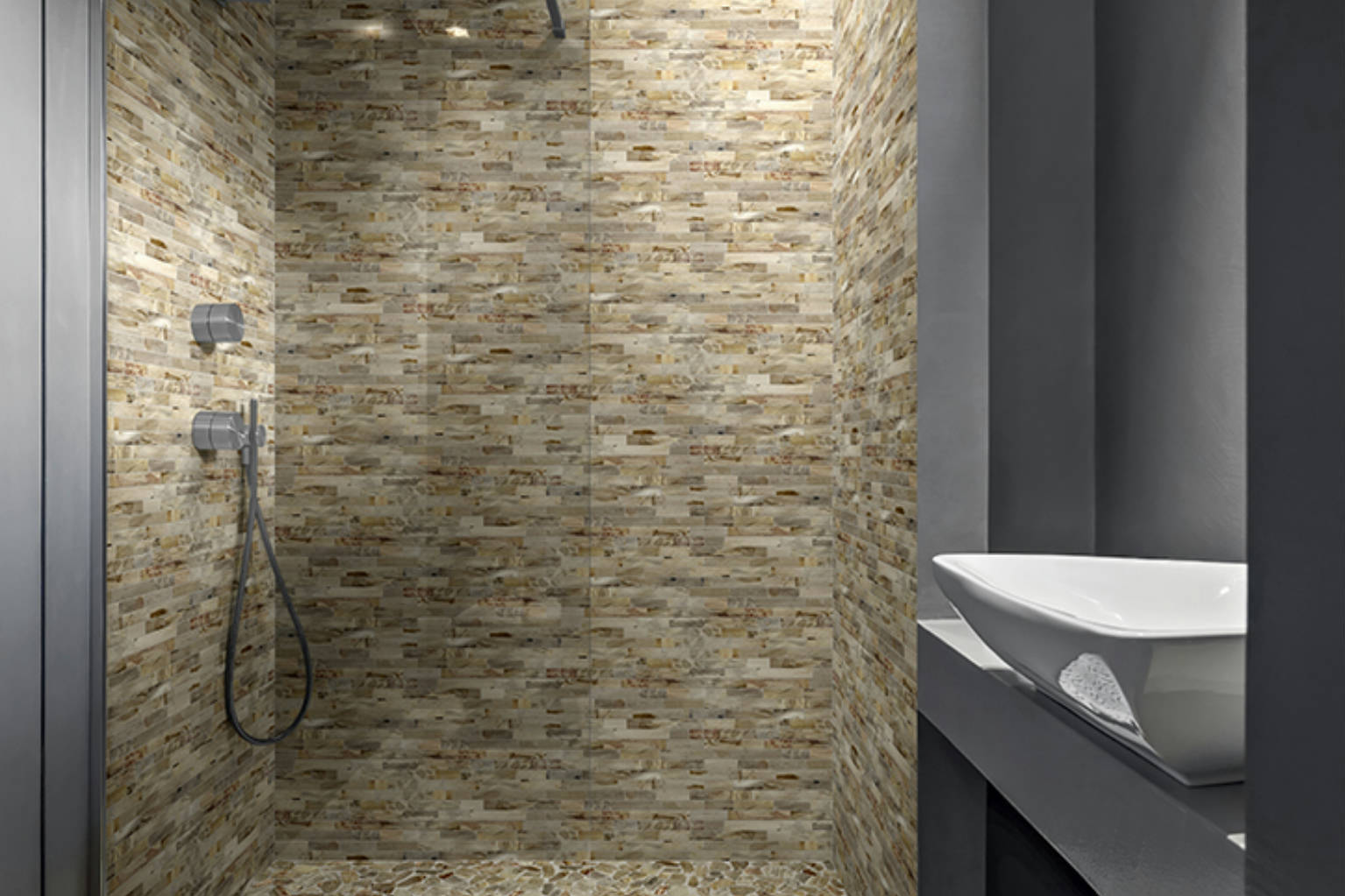 Fossil Wood Mini Opus Mix Beige Interlocking Mosaic | Aromaz Home