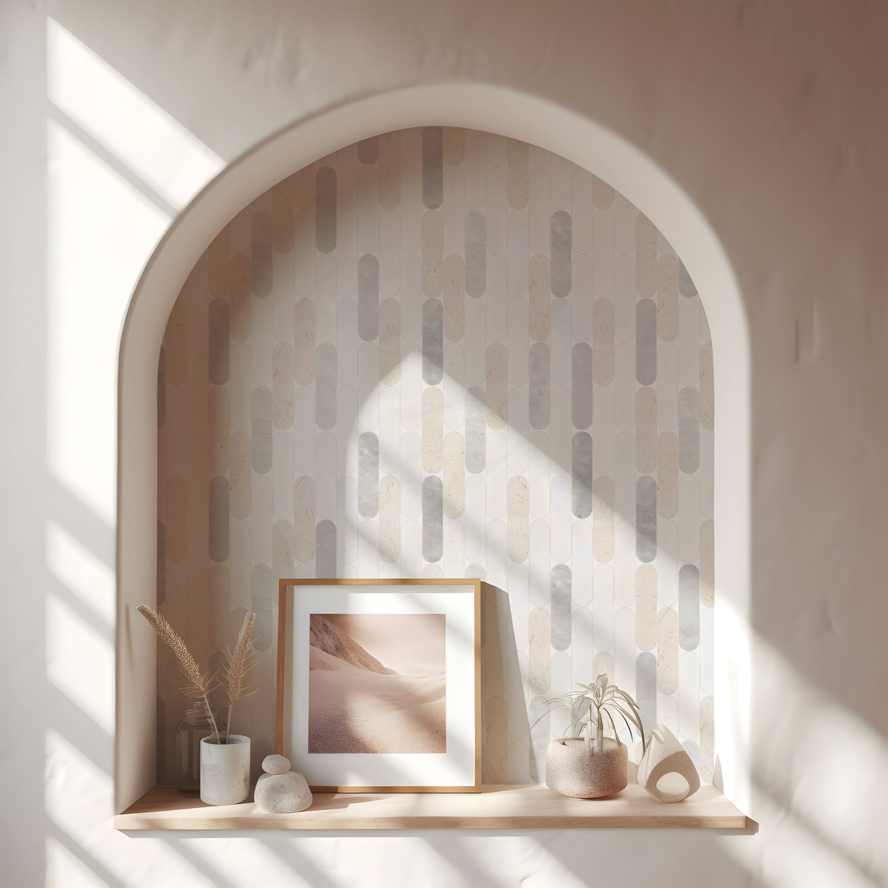 2"x6" Elongated Round White Grey Beige Marble Mix | Aromaz Home