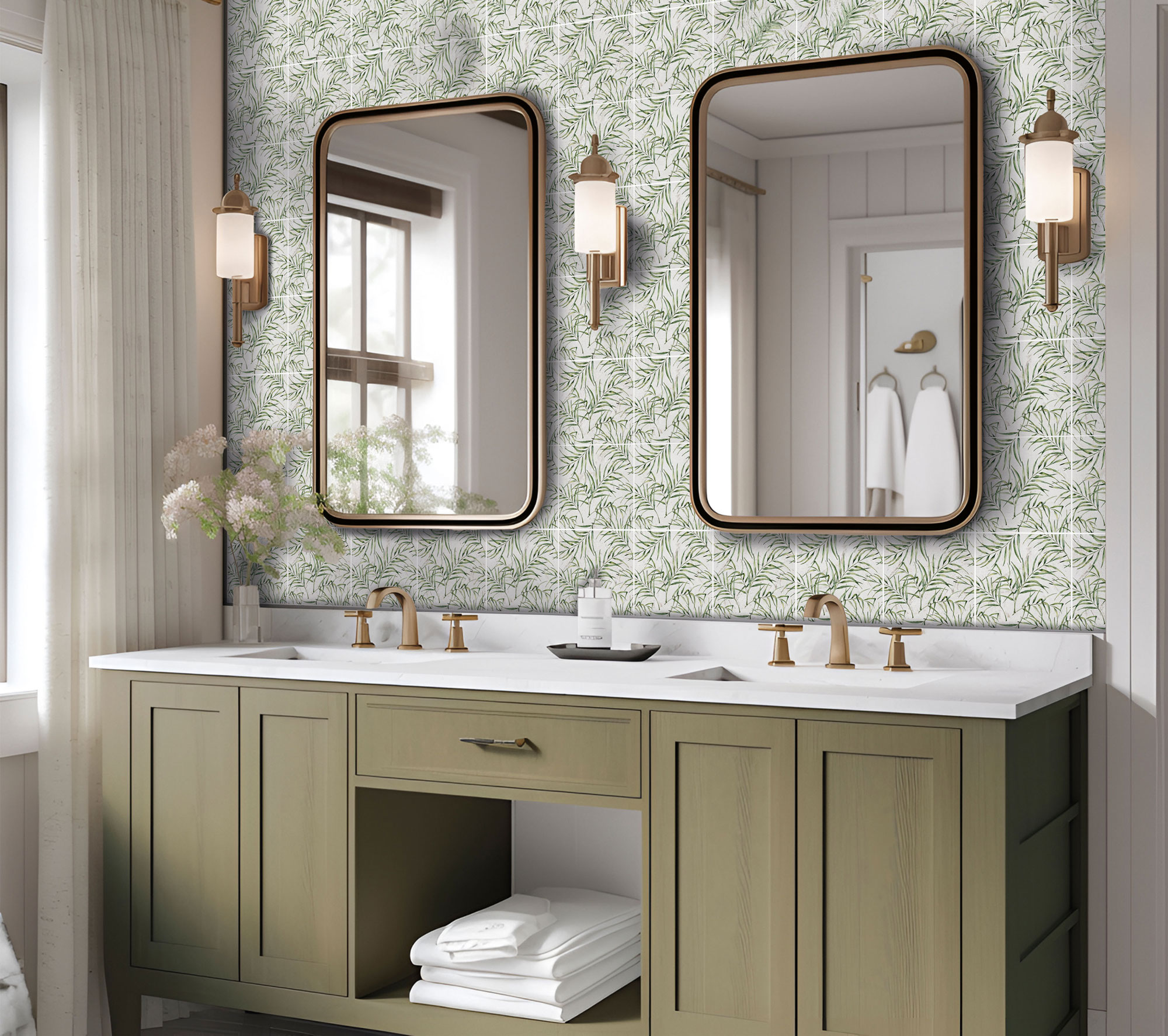 6"x6" Green Palm Leaf Printed Beige Marble | Aromaz Home