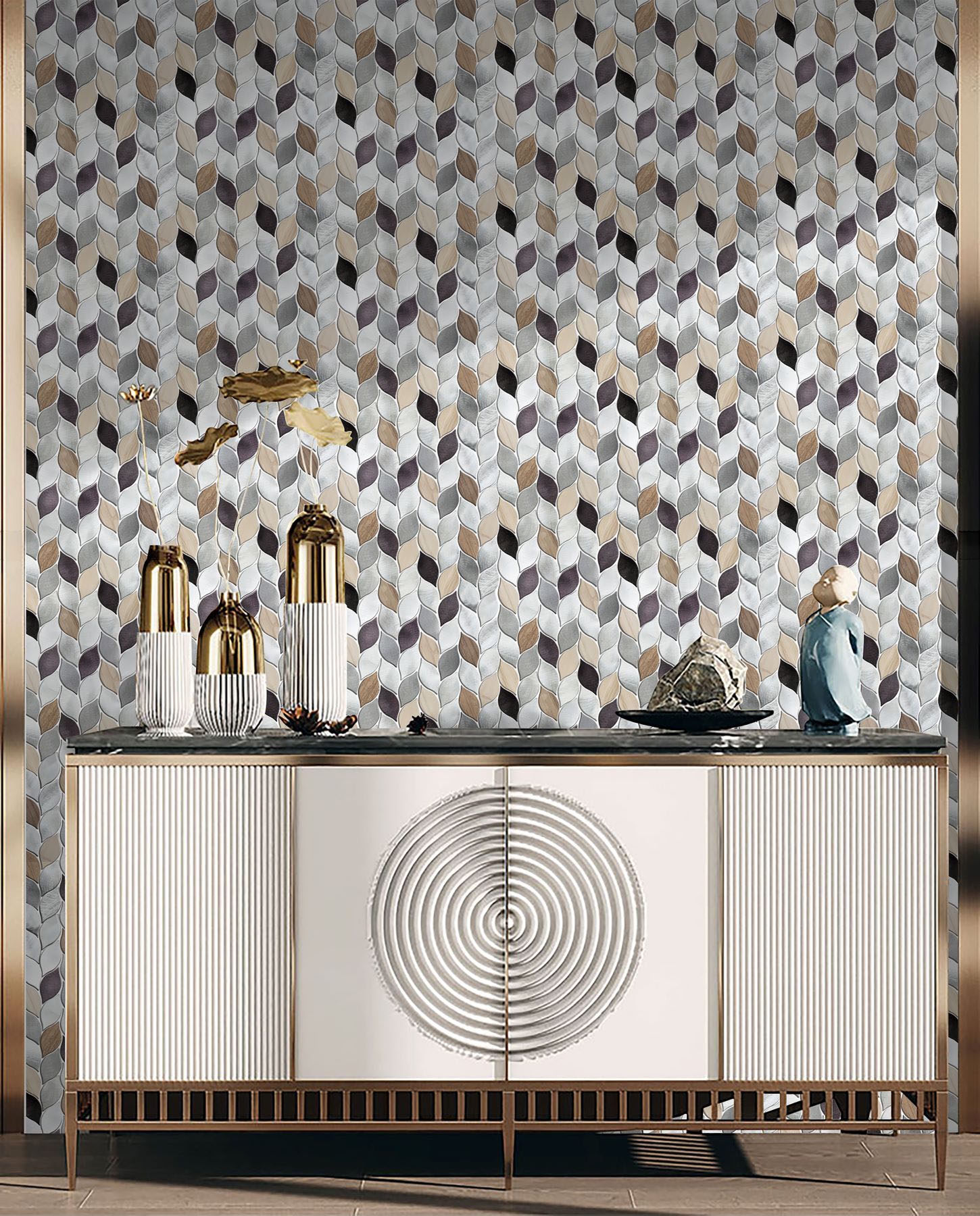 Aluminum & Marble Leaves 19 Grey Brown Mosaic 11"x12" | Aromaz Home